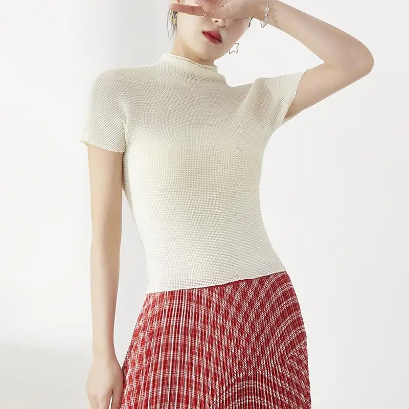 

Женская футболка Slim Fit ort Sve Faionable, высококачественная плиссированная футболка с высоким воротником, однотонная, летнее, новое поступление