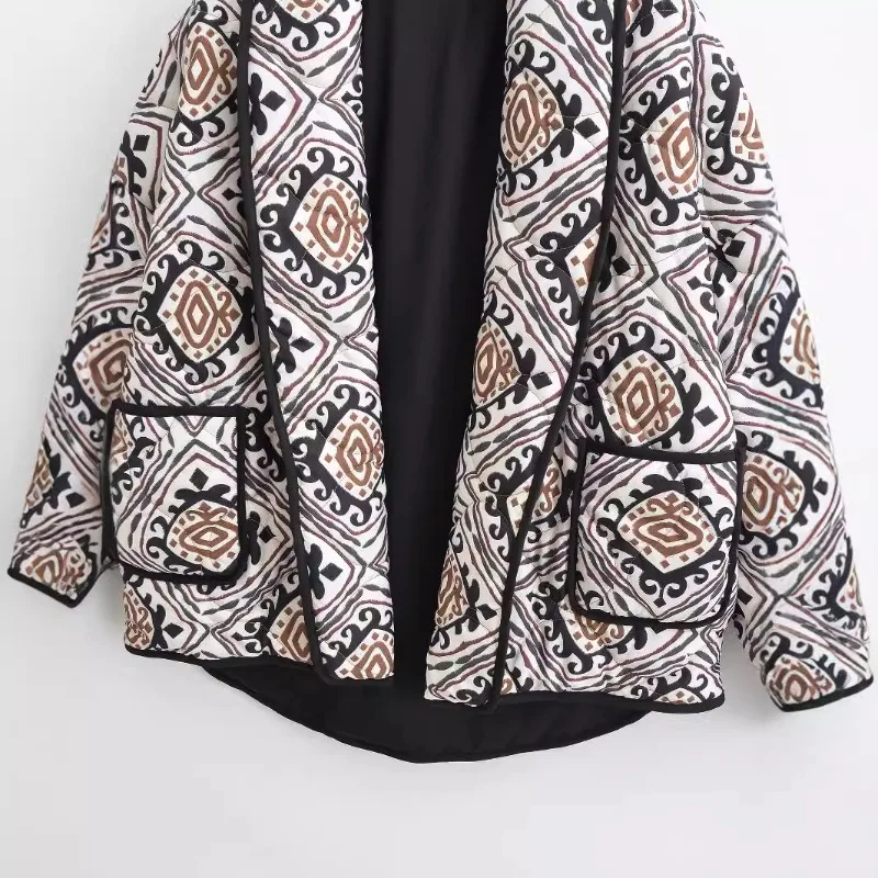 Women's Autumn Winter Jacket Tops Cotton Clothing Thickened Warm Printed Fake Two Pieces Standing Collar Color Crash Outfit New