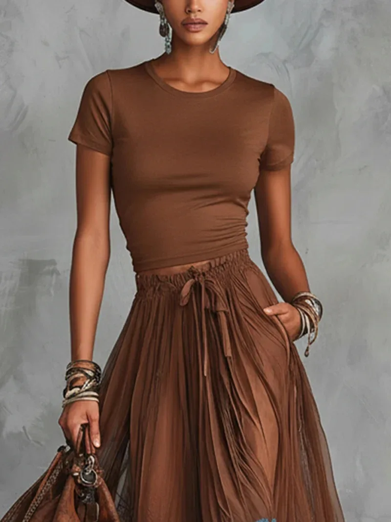 Chic Women Maxi Dress 2 Pieces Sets Solid Slim Fit Short Sleeved Top with Lace Splice Drawstring Elasticity High Waisted Skirt