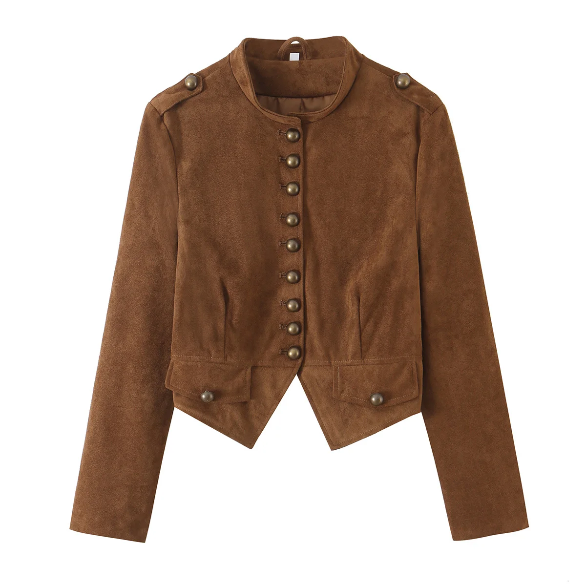 2026 Autumn Women's Elegant Epaulet Faux Leather Suede Jackets Lady Retro Napoleon Stand Collar Pockets Button Coats Streetwear
