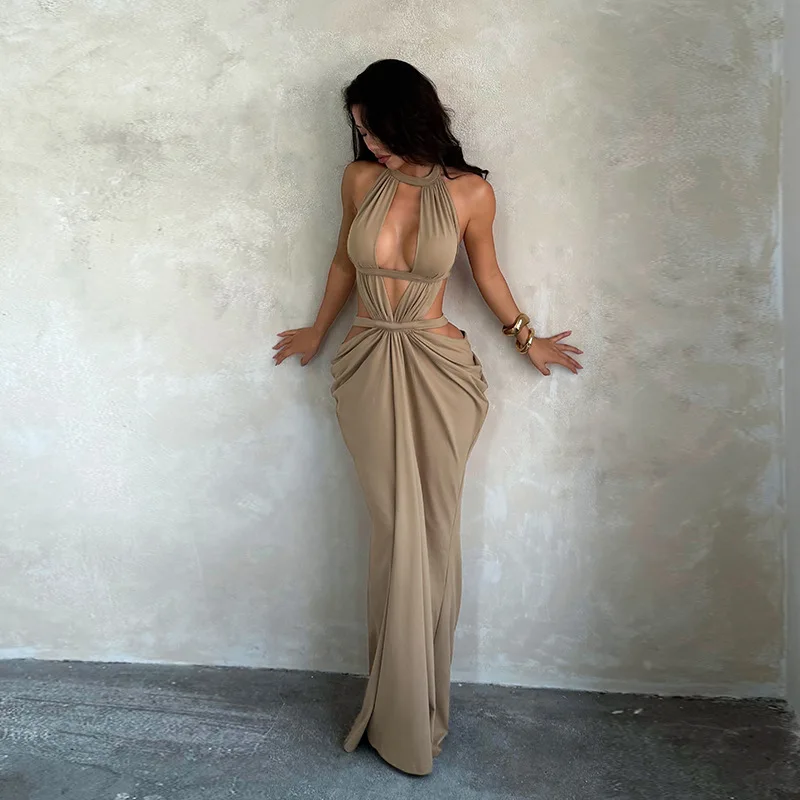 Sexy Neckline Sleeveless Floor-Length Dress Show Figure Slim Fit Backless Trendy Women's Casual V-Neck Gown Spring Summer Autumn view 3
