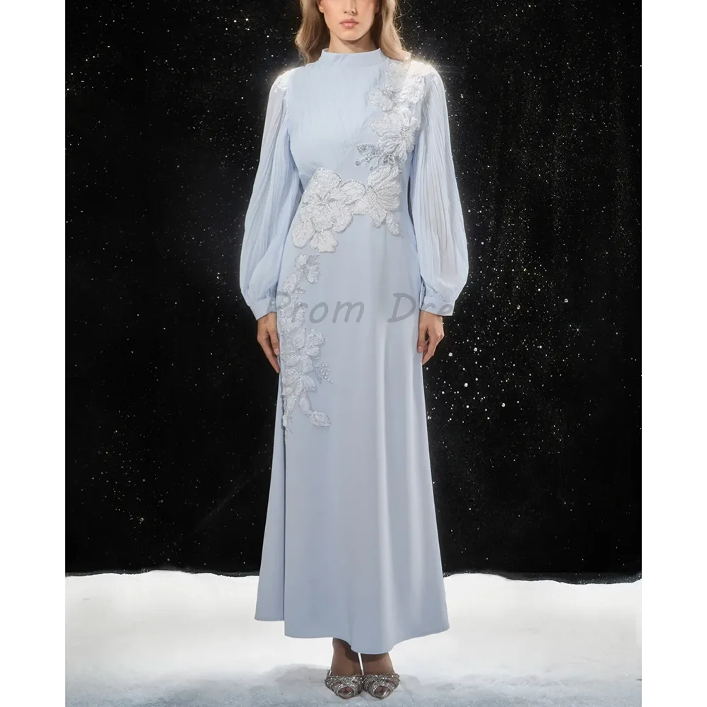 

Light Blue High Neck Evening Gown with Long Pleated Sheer Sleeves & 3D Floral Appliqué Formal Modest Maxi Dress