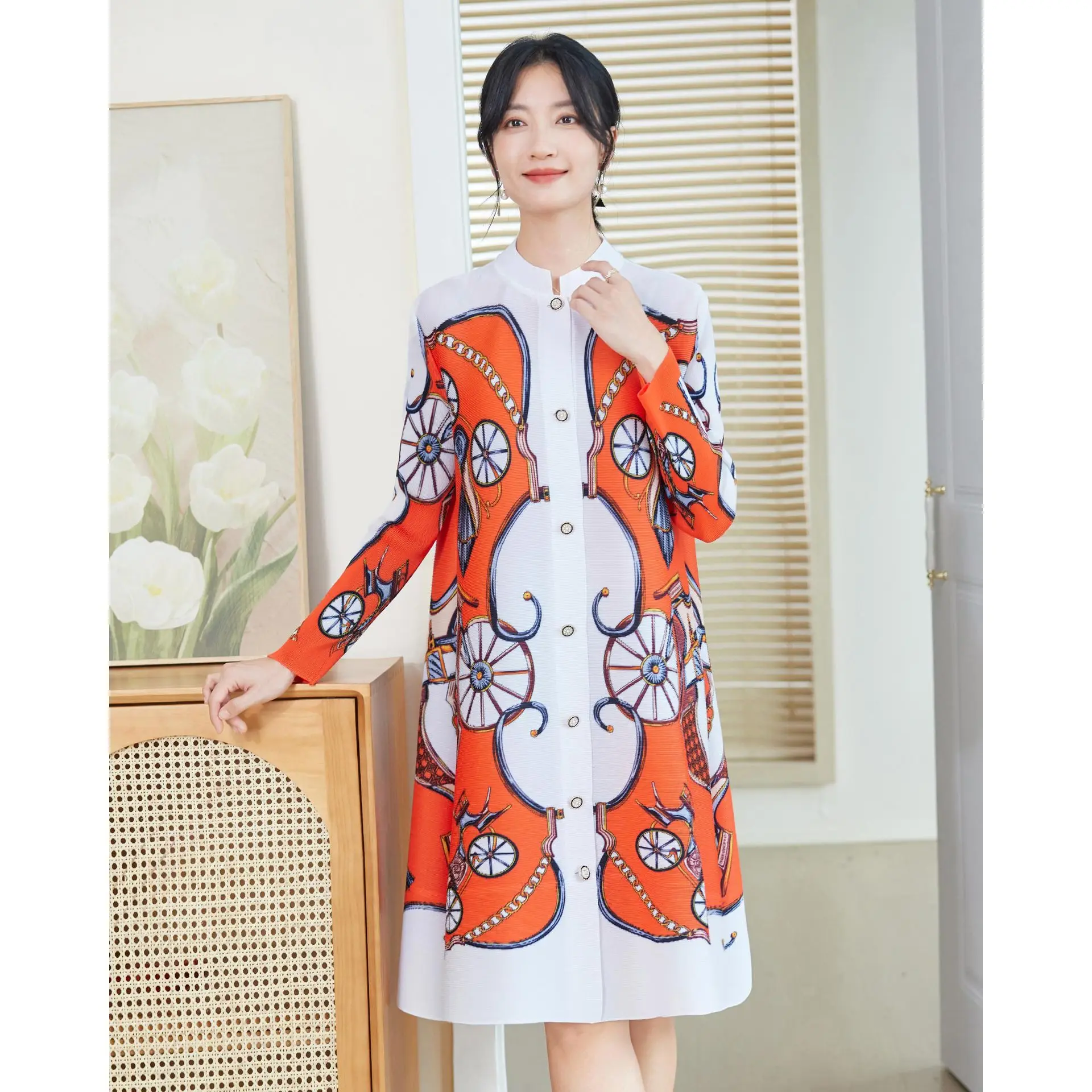 

Miyake Pleated Dress for Women 2025 Spring Fashion Printed Lapel Long Sleeve Single-breasted Loose Large Size Shirt Skirt