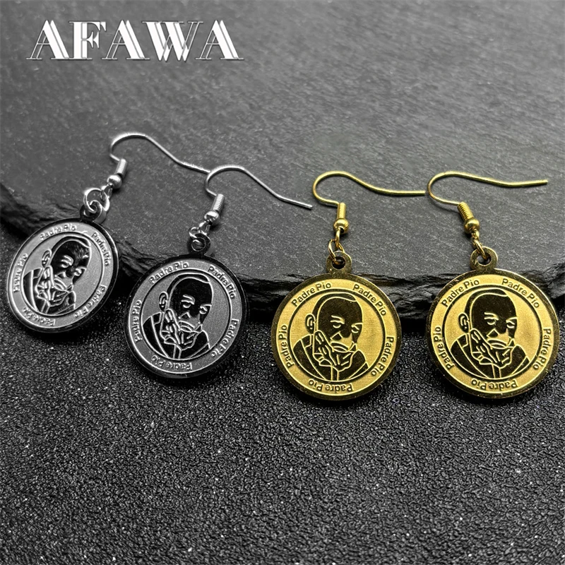 

Catholic Padre Pio Powerful Amulet Earrings for Women Stainless Steel Gold Silver Color Saint Medal Drop Earring Jewelry aretes