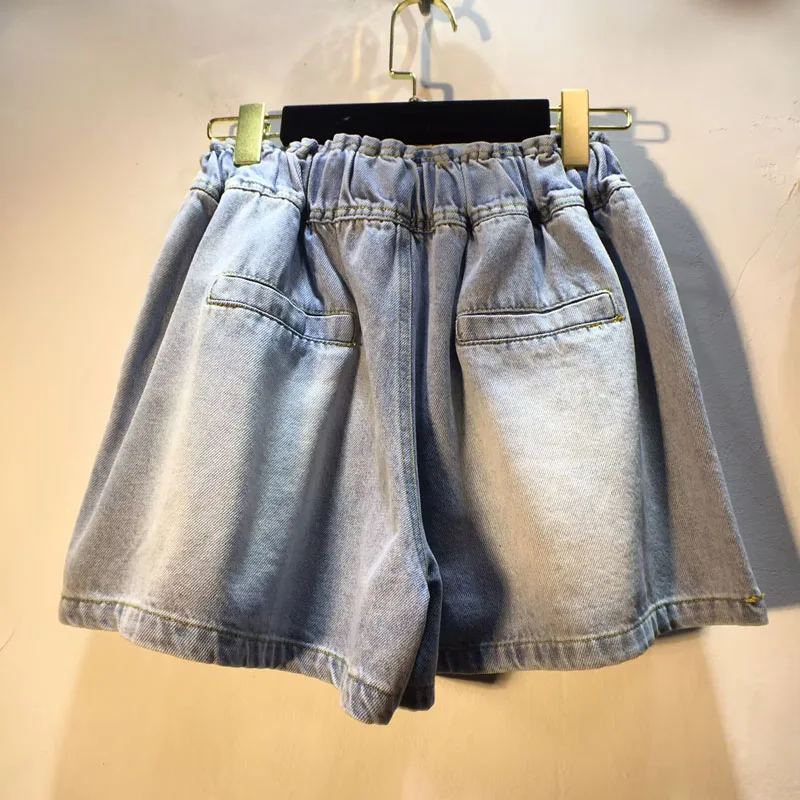 2025 Summer New Heavy Industry Diamond Bead Colored Diamond Drawstring High Waist Thin Denim Wide Leg Shorts Women