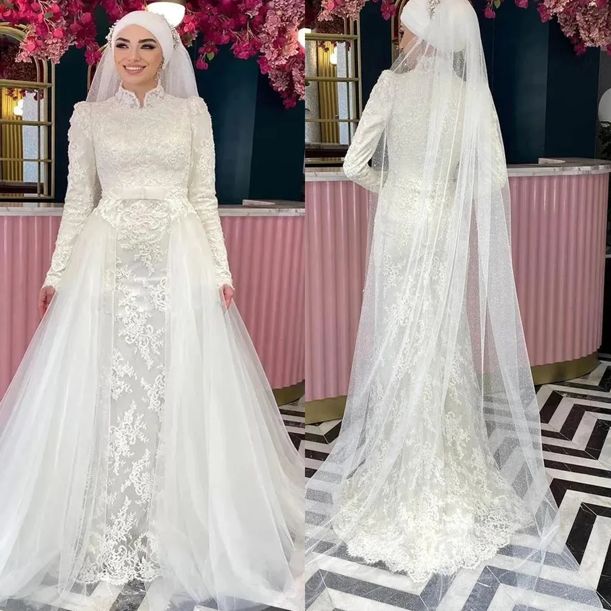 

Muslim Mermaid Dresses Full Lace Long Sleeves High Neck Traditional Arabic Islamic Wedding Gown With Detachable Train Modest