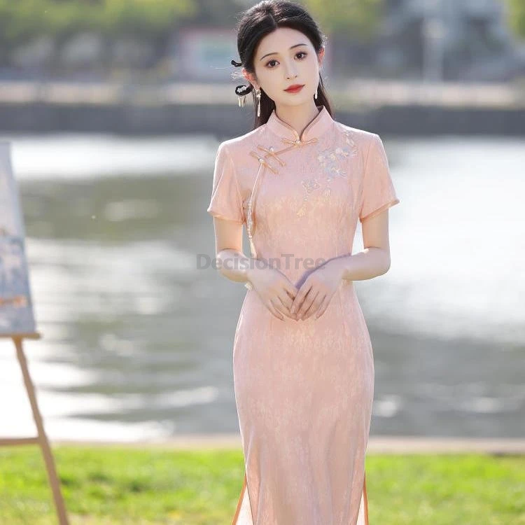 

Elegant Improved Chinese Pink Qipao Temperament Summer Women Thin Short Sleeve Long Dress Daily Girl Solid Color Lace Dress