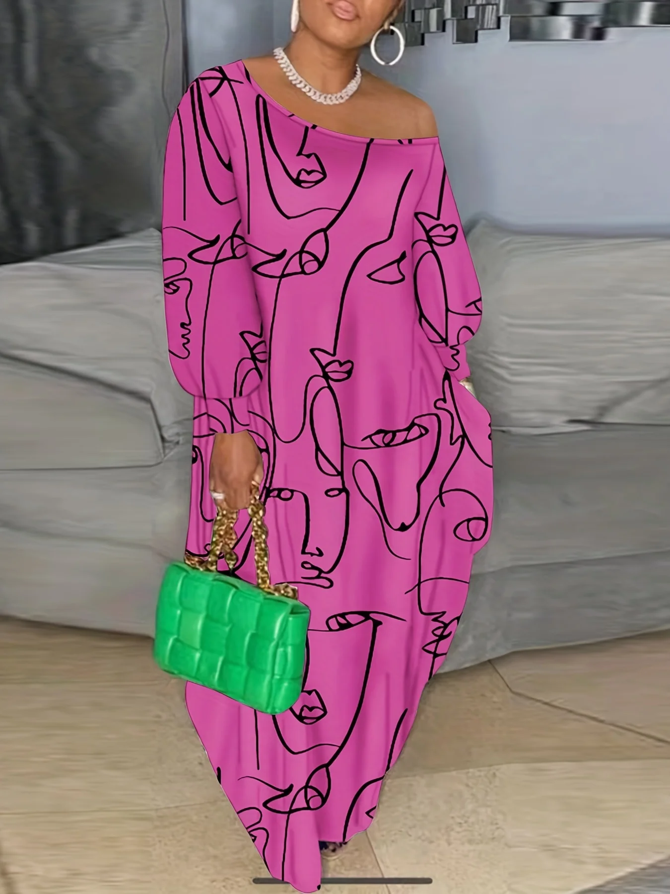 

Plus Size Women's Dress One Shoulder Long Sleeve Abstract Face Print Loose Maxi Dress Bold Spring Summer Chic Daily Light Dress