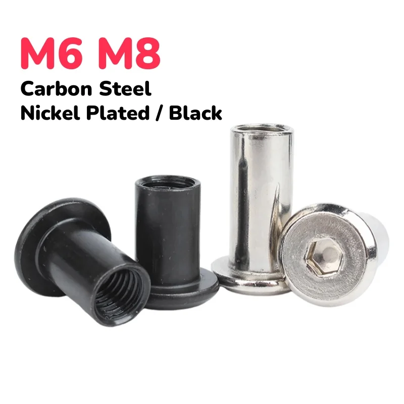 

M6 M8 углеродистая сталь, никелированная/черная плоская шестигранная головка, мебельная заклепка, вставка, соединительная муфта, соединительная гайка