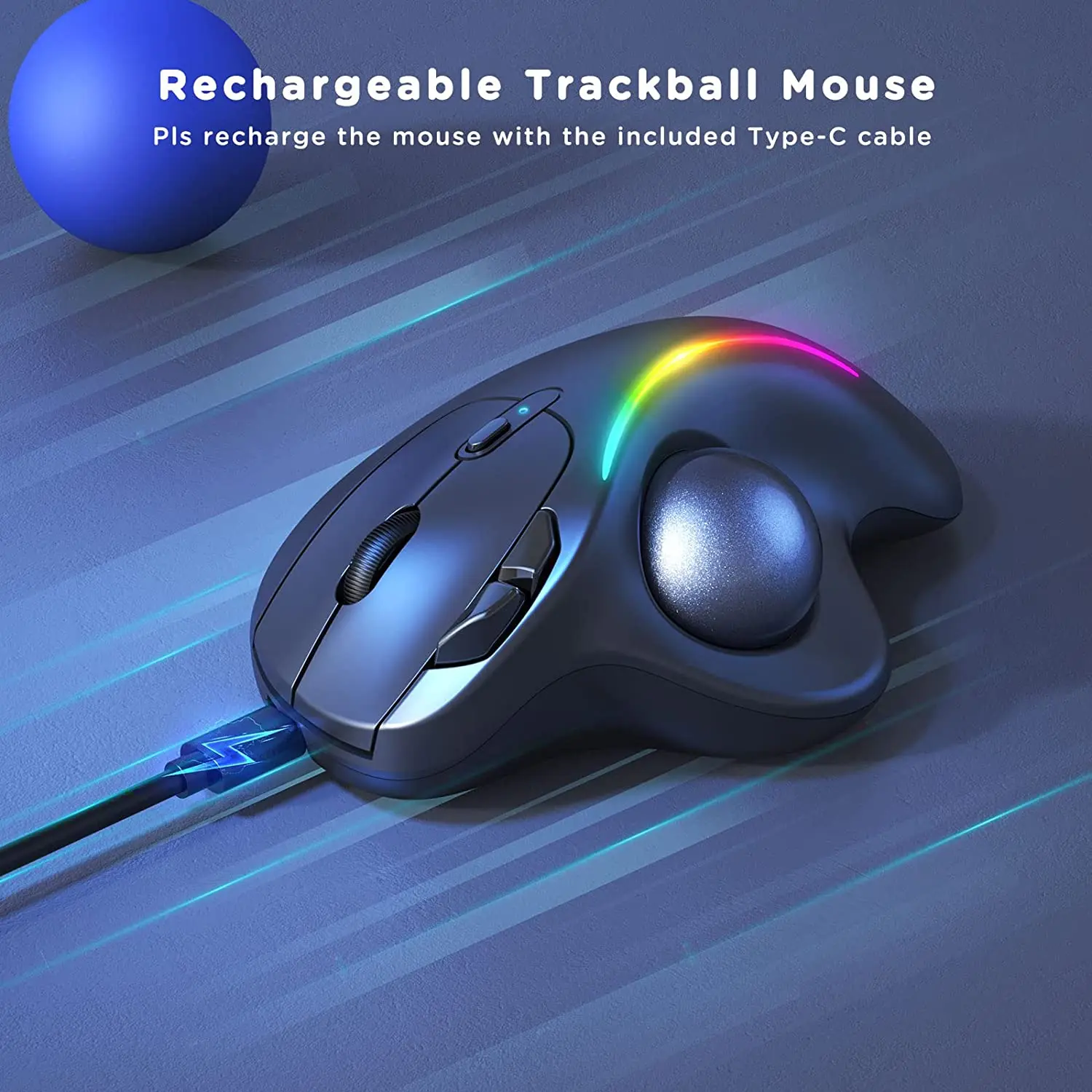 Rechargeable Bluetooth Wireless Mouse Trackball Rechargeable Ergonomic 2.4G RGB Backlit Rollerball Mice for iPad Mac Windows