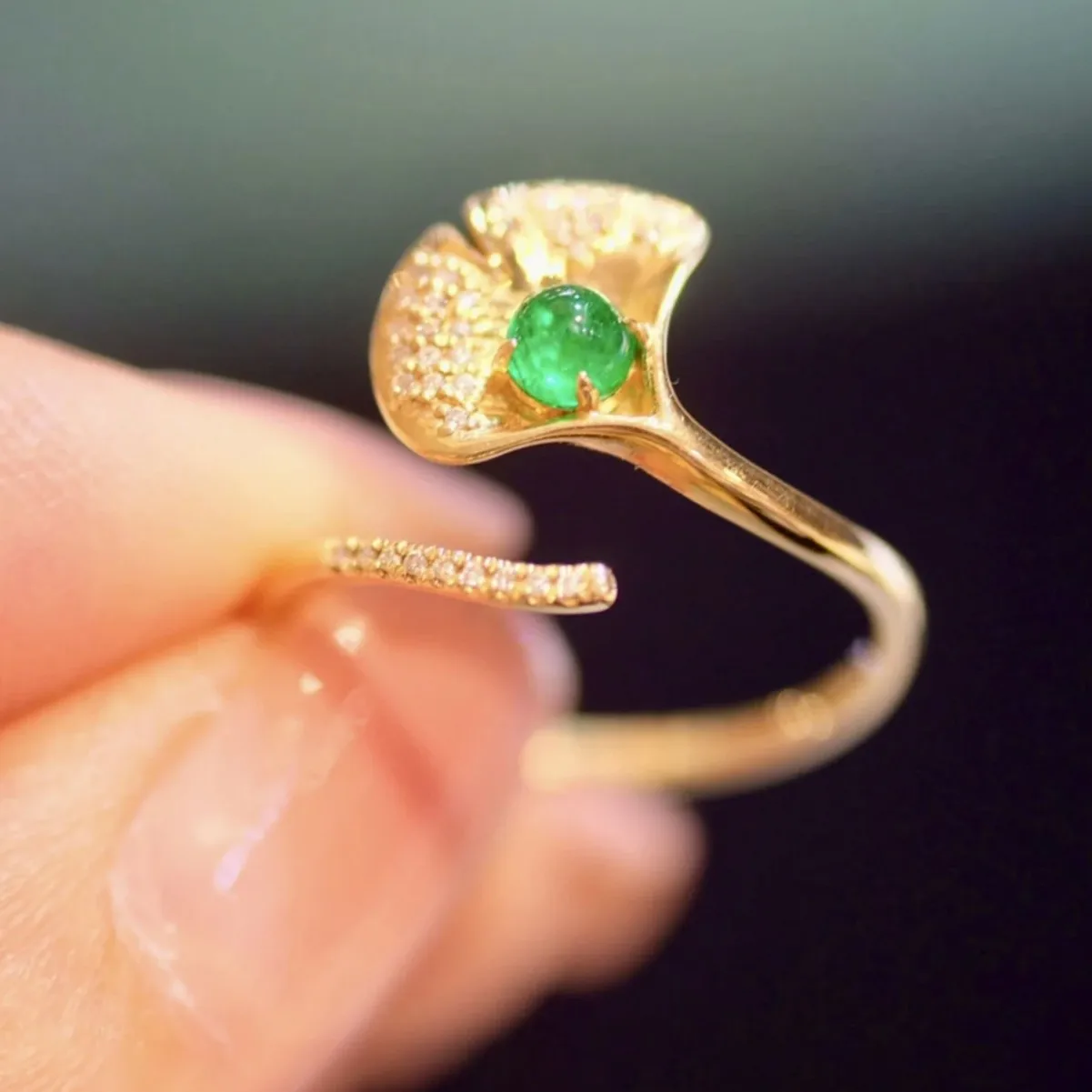 

Personality Fashion 925 Silver Emerald Ginkgo Leaf/Tulip Open Ring For Women 18K Gold Vermeil Nature Inspired Daily Fine Jewelry