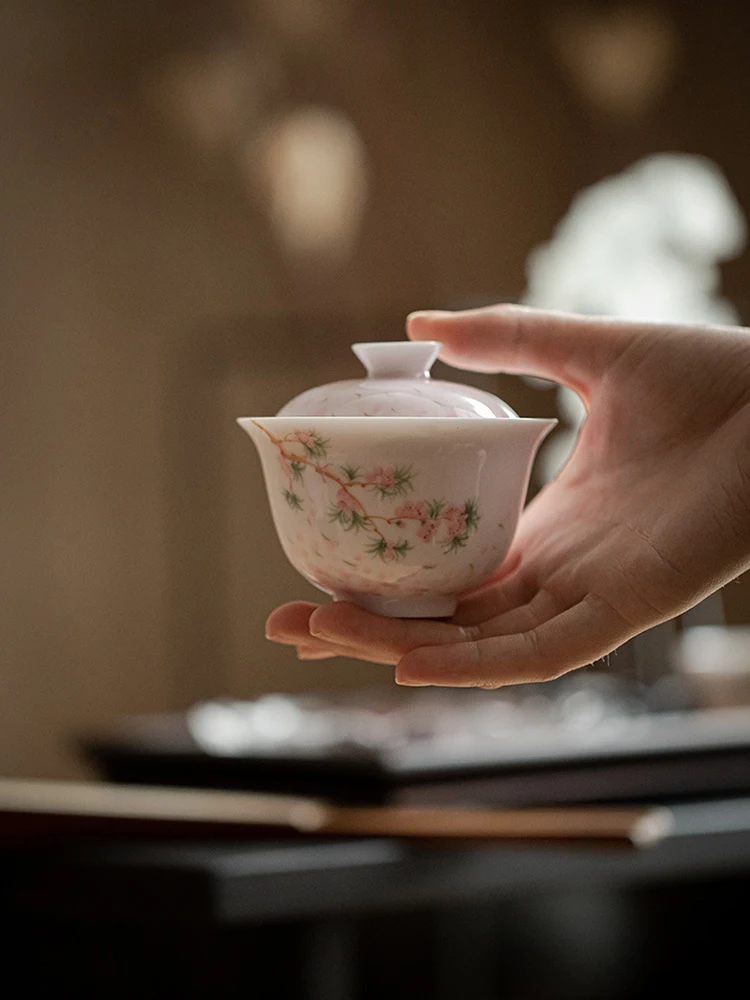 Hand-Painted Blossom Cover Teacup Women's Ceramic Tea Bowl Homemade Underglaze Kung Fu Set