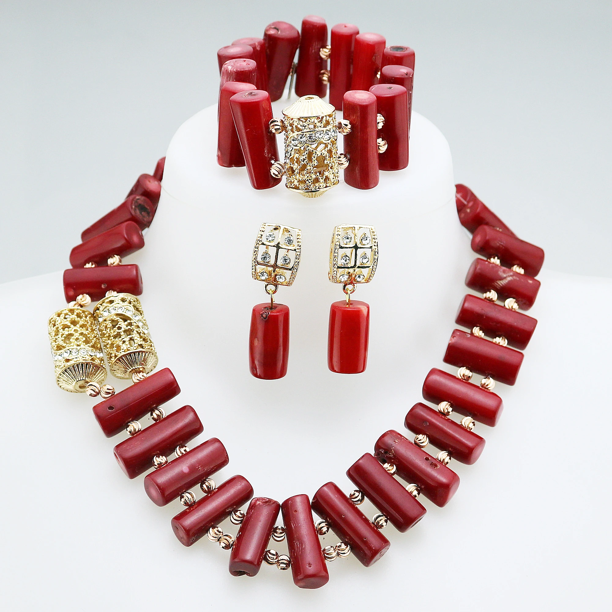 Natural coral necklace Original l Coral Women Pendant Necklace Bracelets Earrings Suit African Wedding Jewelry Set Nigeria Bride