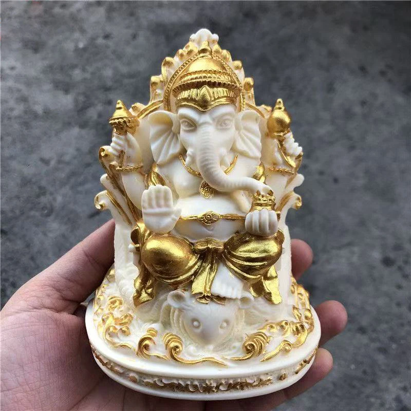 White&Gold Ganesha Statue ,Resin Hindu Elephant God Figurine, Feng Shui Wealth Decor for Home Altar Yoga Room, Lord Ganesha Idol