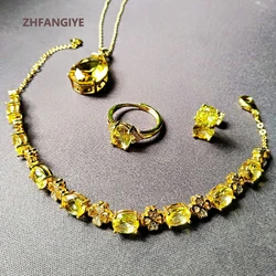 925 Silver Jewelry Set Earrings Rings Necklace Bracelet with Citrine Gemstone Gold Color Ornaments for Women Wedding Party Gift