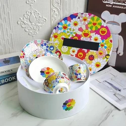 Colorful Flower Ceramic Bowl Plate, Coffee Mug with Spoon Handle, Hand Painted Cartoon Element, Funny Active Style, Many Size