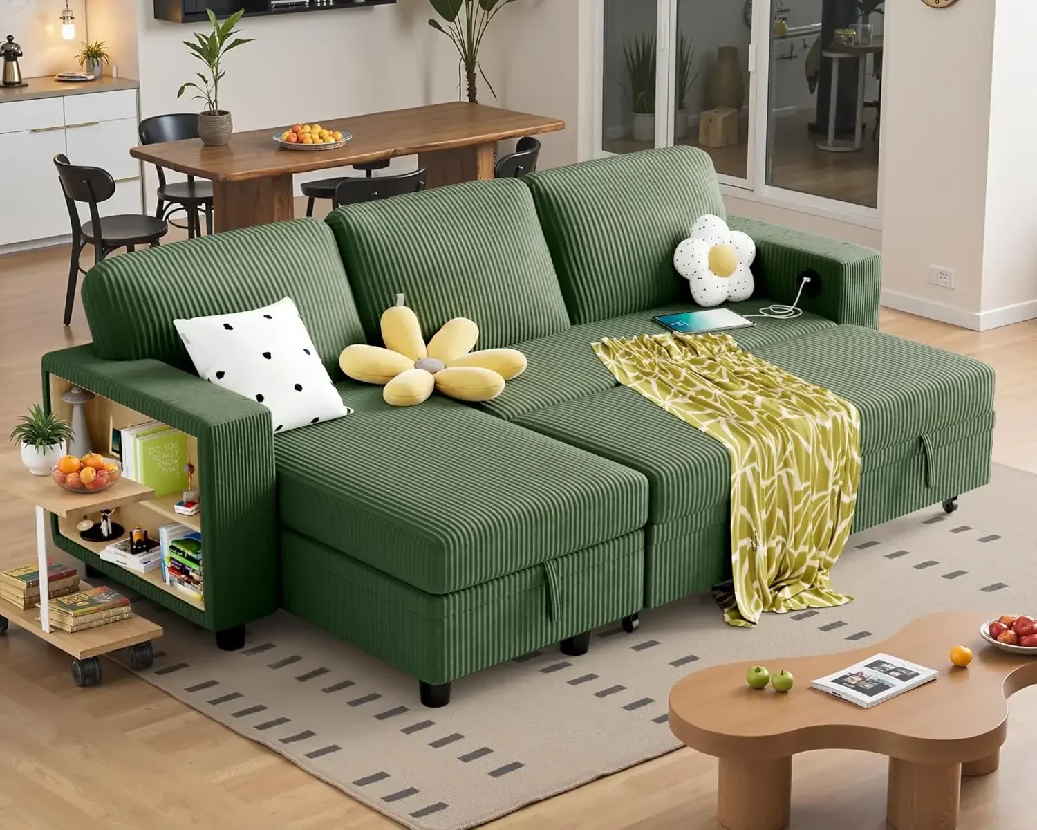 Convertible Sofa Bed With Pull-Out Sleeper, Living Room Couch With Built-In Storage Space, Green