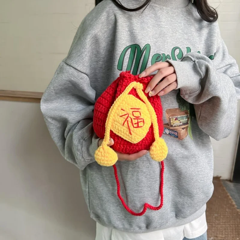 Bucket Bag Drawstring Patchwork Women's Bag Crossbody Bag Fabric Chinese Style Lucky Bag Christmas New Year Children's Gift