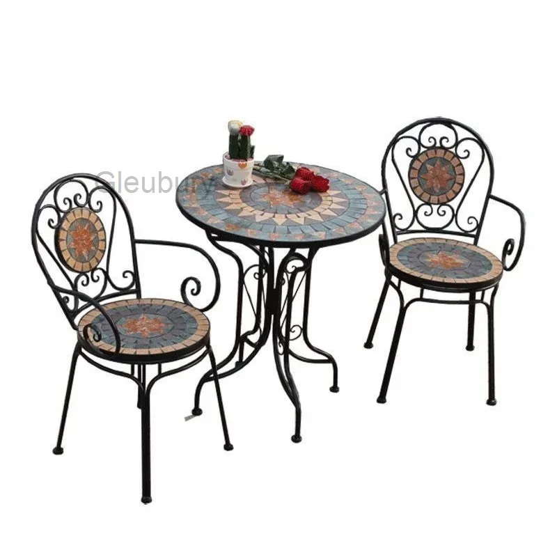 Outdoor Mosaic Side Table Round Handcrafted Tile Top Wrought Iron Frame Ornate Scroll Legs Table for Garden Balcony Poolside