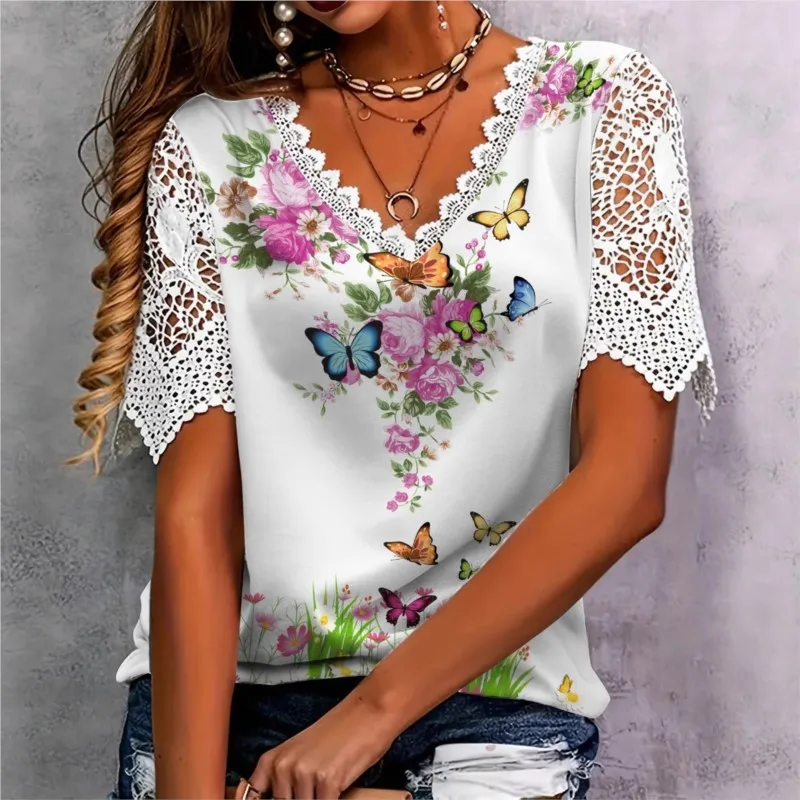 

Summer New Print T-Shirts Boho Flower Blouses Womens Fashion T-Shirts V-Neck Short Sleeve Tops Casual Loose Female Floral Lace