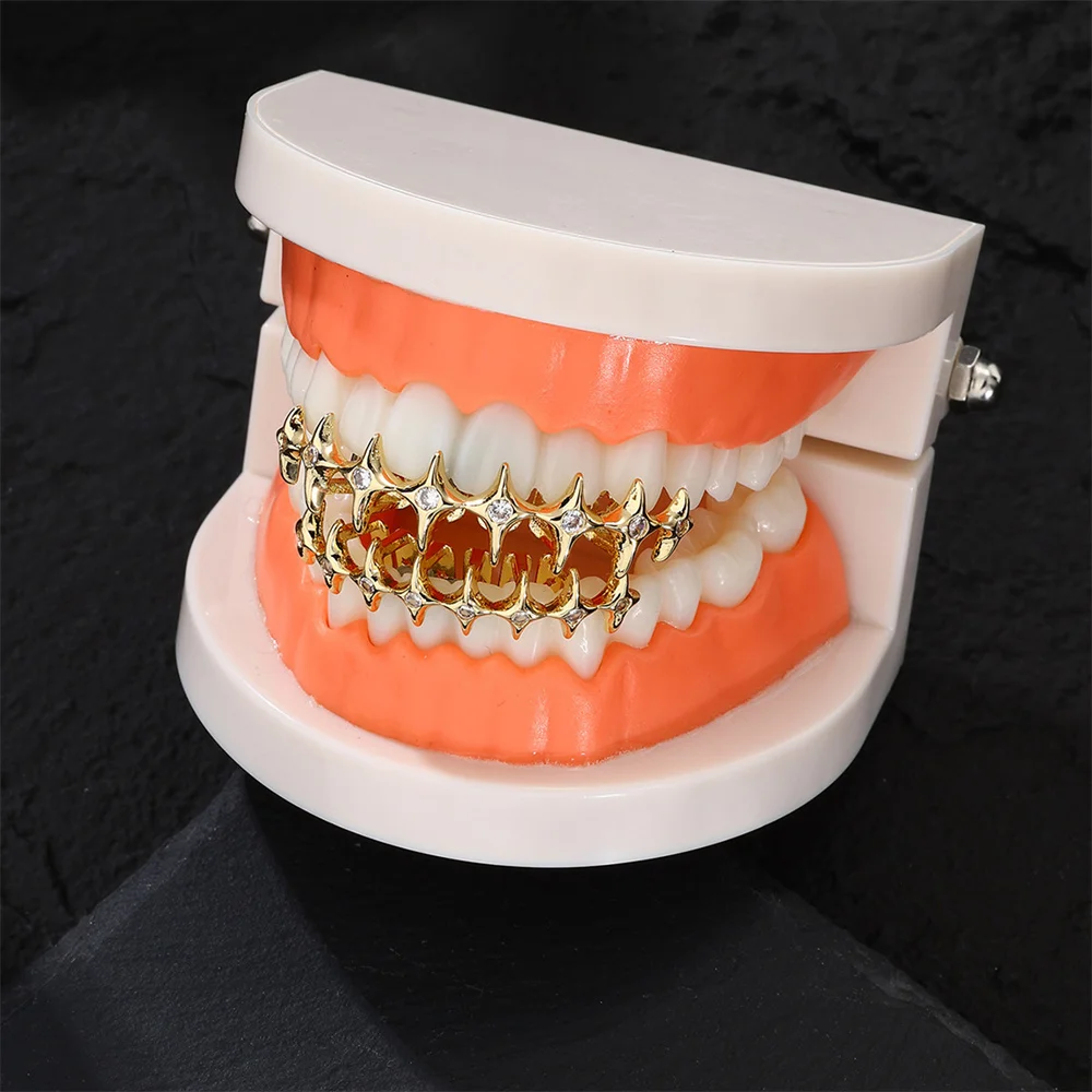 Hip Hop CZ Teeth Grillz Caps Cubic Zircon Iced Out Micro Pave Top&Bottom Charm Vampire Grills For Men Women Jewelry Xmas Gift