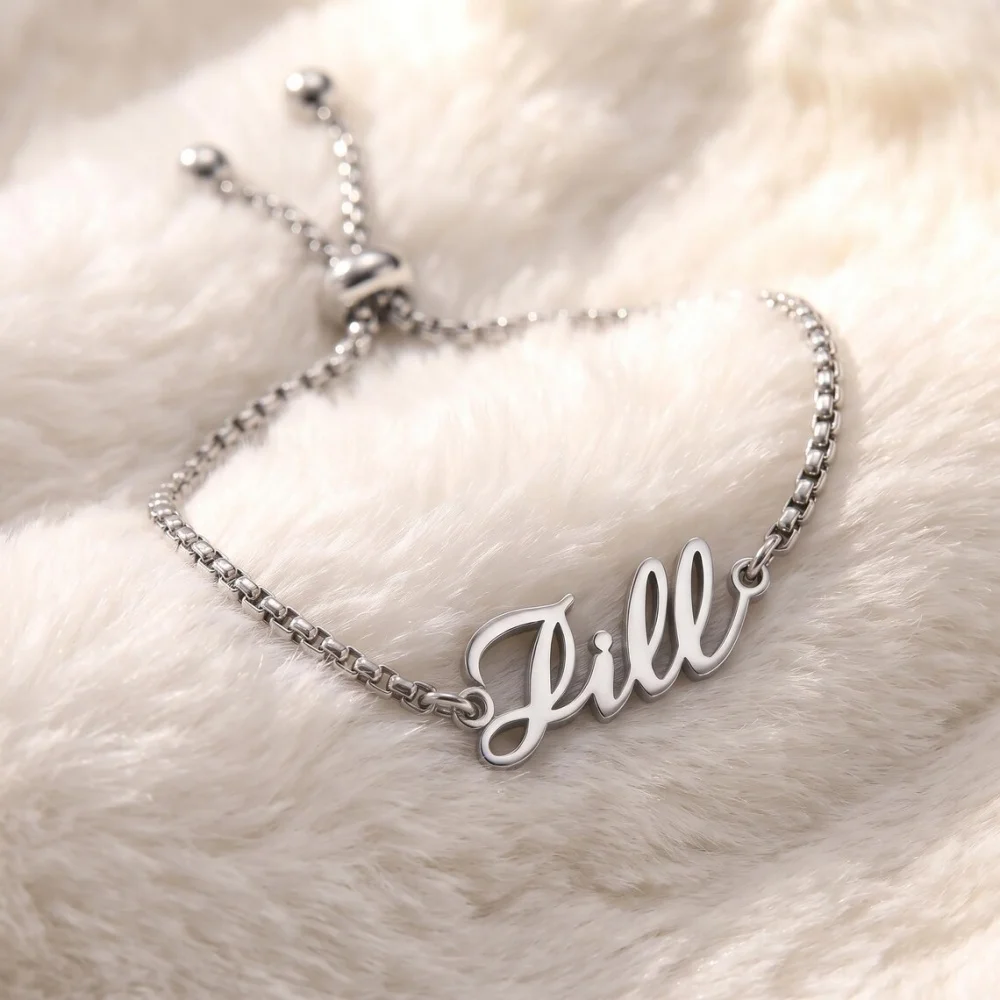 Personalized Name Adjustable Chain Bracelets For Women Jewelry Stainless Steel Script Nameplate Slider Bracelet Gift For Her