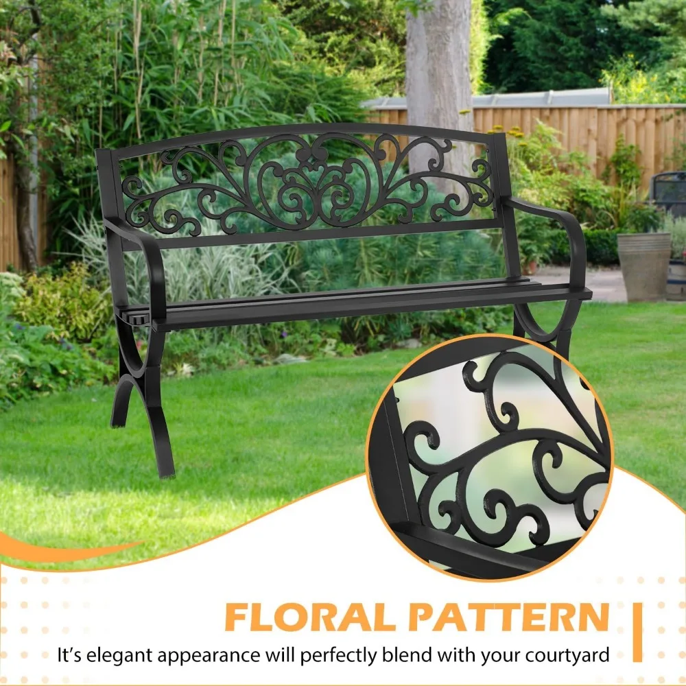 كراسي Loveseat معدنية سوداء للاستخدام الخارجي مقعد حديقة الفناء 50 بوصة مساند للذراعين بمقعد شرائحي تصميم الأزهار البلاستيكية الخلفية مثالية لـ