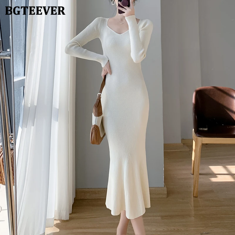 

BGTEEVER Chic Autumn Winter Square Collar Ladies Knitted Package Hip Dress Elegant Long Sleeve Women Mermaid Sweater Dress