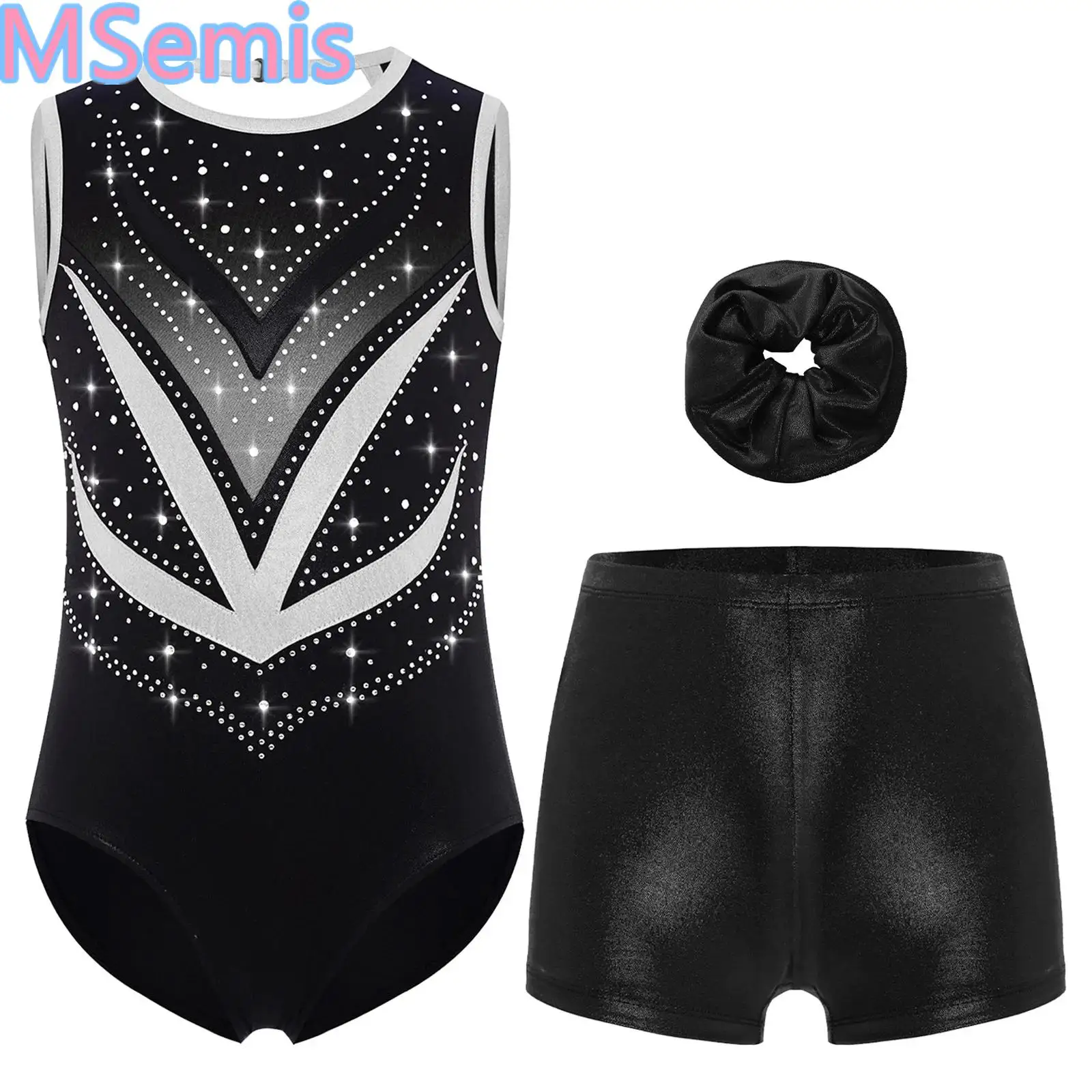 

Girls Sleeveless Ballet Dance Outfits Gymnastics Leotard Jumpsuit Rhinestones Metallic Bodysuit And Shorts Hairband Skating Sets
