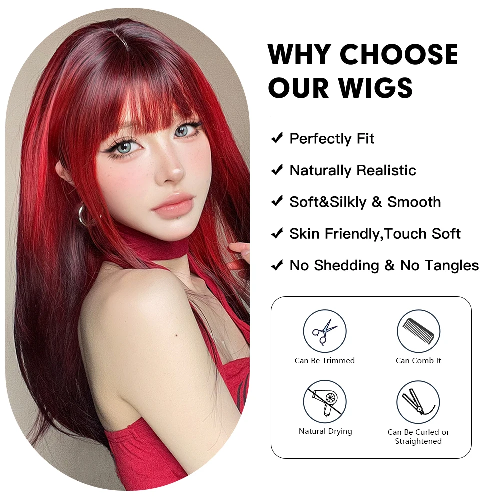 Black Red Ombre Synthetic Wigs for Cosplay Long Straight Layered Wigs with Bangs Party Hair for Women Heat Resistant Fake Hair