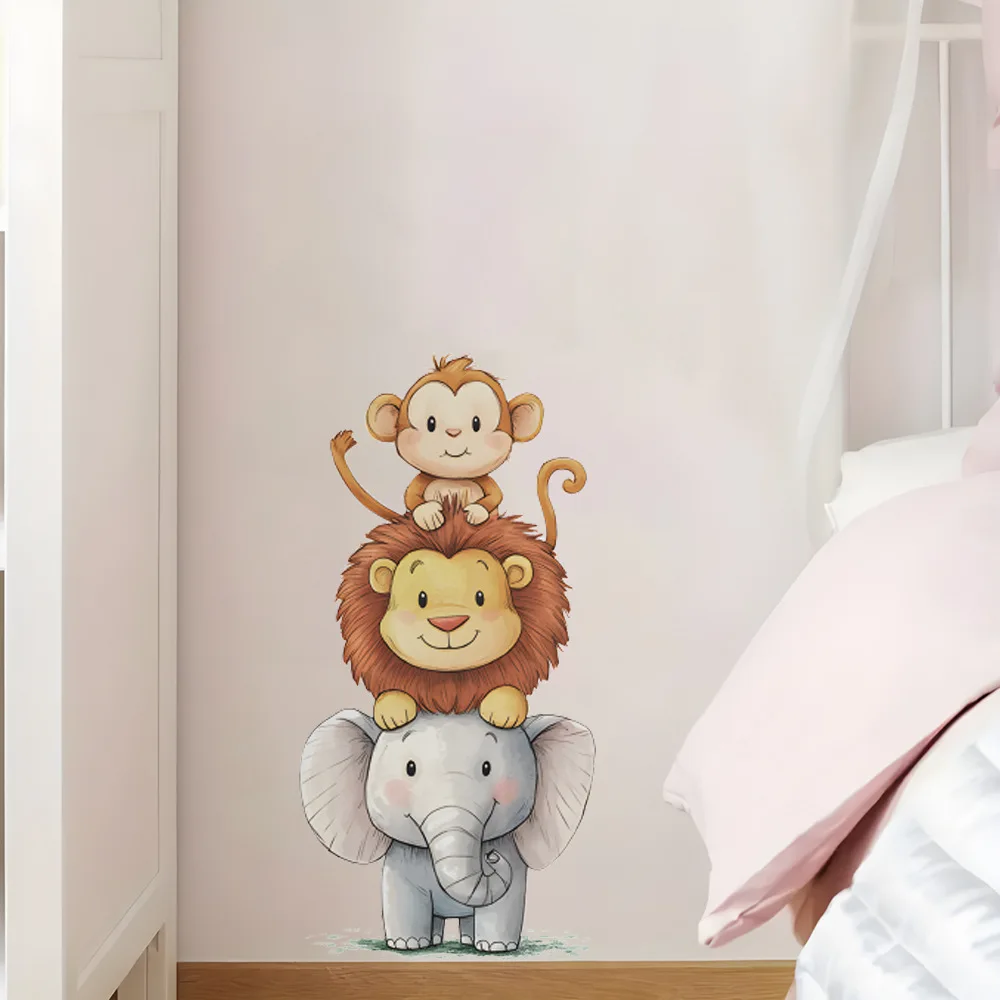 Cute Forest Animals Wall Stickers for Rooms Baby Room Decoration Nursery Wallpaper Vinyl Elephant Lion