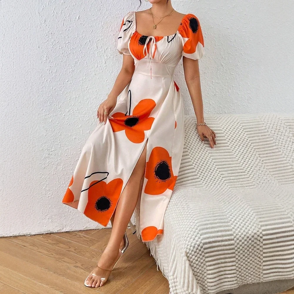 Vestidos Primavera Verano Skinny Fit diario Floral abertura lateral Puff manga cuello cuadrado Midi vestidos de cambio para mujeres