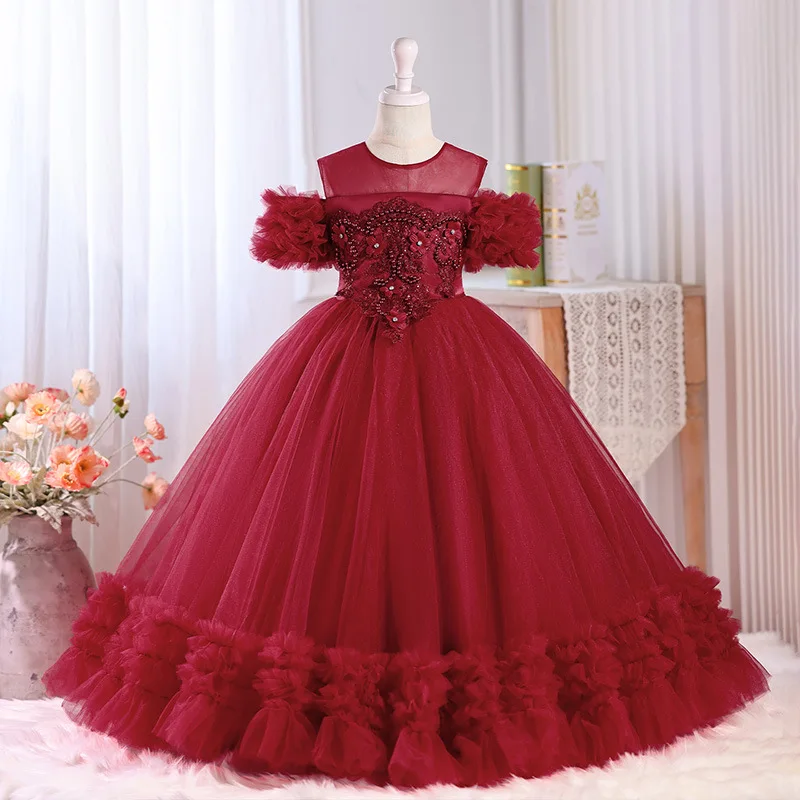 

Festive Dress For Girl Sequin Embroidery Wedding Party Gown Fluffy Mesh Princess Dress Teenager Girl Piano Performance Dress