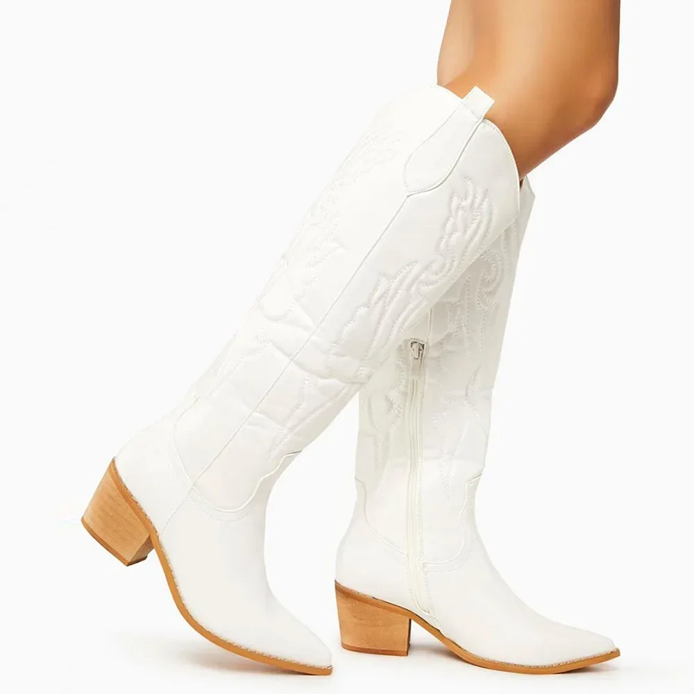 Winter Large Size 43 In Stock for Dropship Vintage Knee High Cowgirls Black Western Boots Shoes Zip up White Cowboy Boots Women