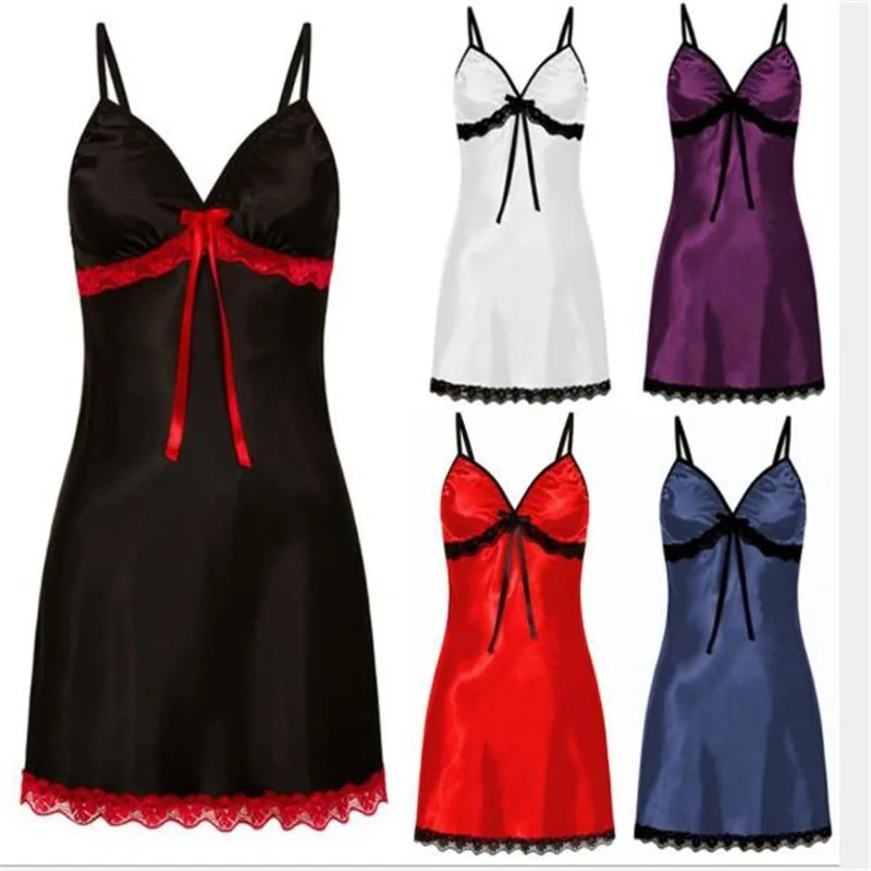 Women Sexy Sleepwear Nightdress Lace Silk Satin Suspender Night Dress Sleeveless Nighties V-neck Nightgown Plus Size Nightwear