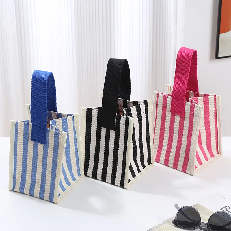 Women Canvas Striped Mini Shoulder Bag Fashion Reusable Small Shopping Handbag Ladies Casual Large Capacity Tote Bags 2024 New