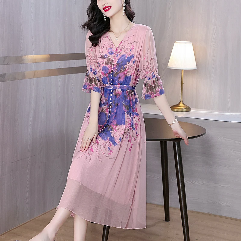 2024 Summer Luxury Silk Floral Casual Midi Dress Women\'s Vintage Elegant Evening Prom Dress Spring Holiday Boho Hepburn Vestidos