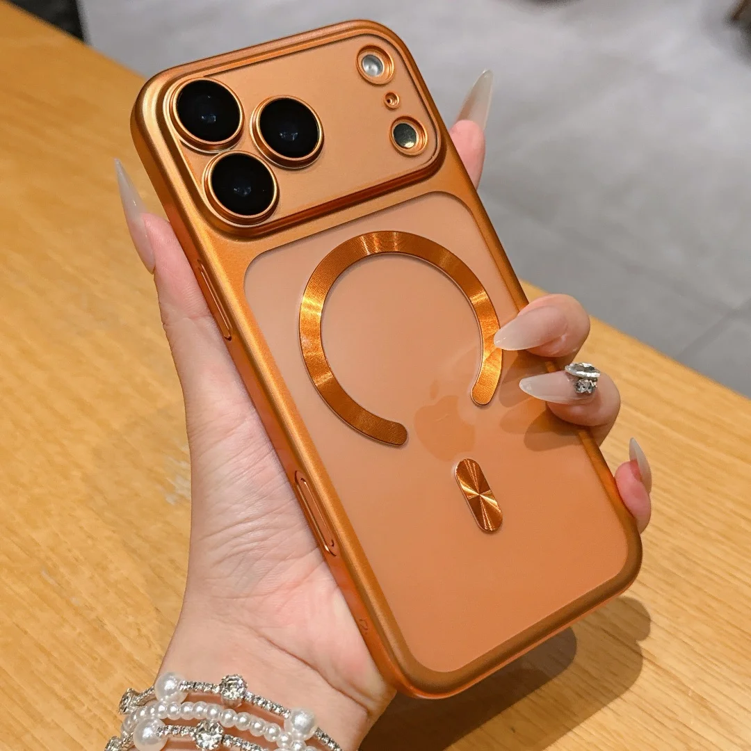 New Plating Matte Clear Phone Case For iPhone 17Air 16 15 17 Pro Max For Magsafe Wireless Charging Glass Lens Film Protect Cover