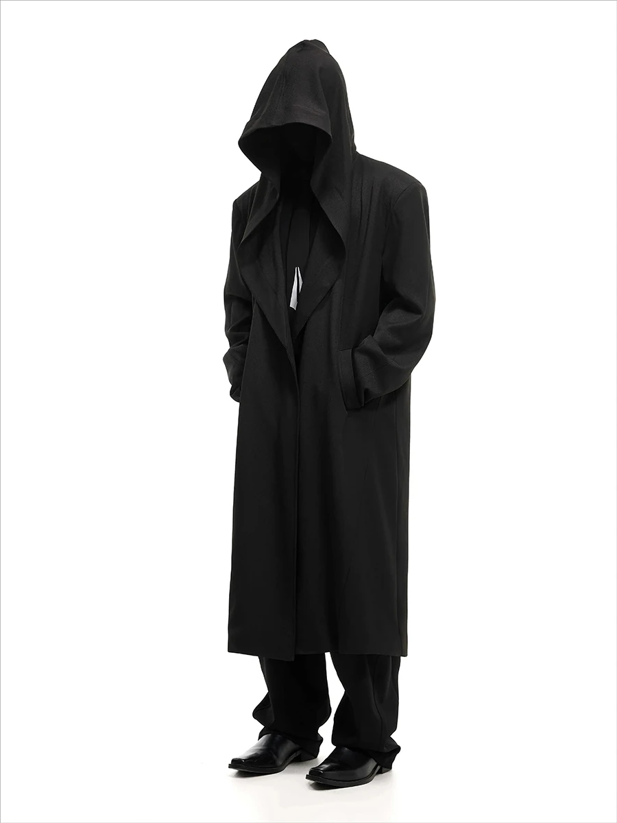 

Mauroicardi Spring Autumn Cool Long Soft Thin Flowy Black Coats Man with Hood Luxury Designer Darkness Style Clothes Overcoat
