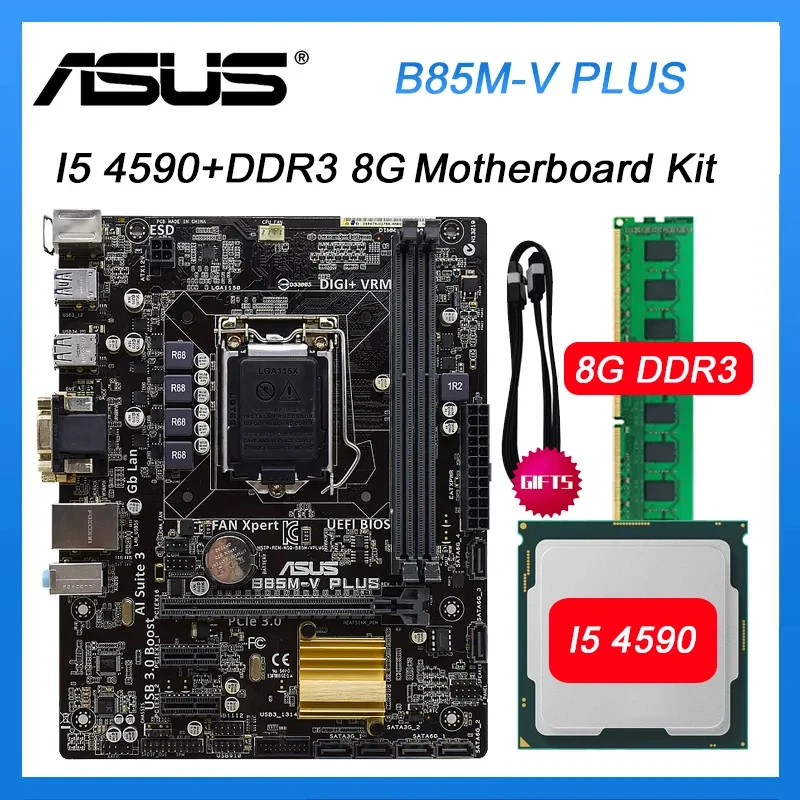 

B85M Motherboard kit ASUS B85M-V PLUS with intel Core I5 4590 cpus + DDR3 8G LGA 1151 Motherboard PCI-E 3.0 USB3.0 DVI Micro A