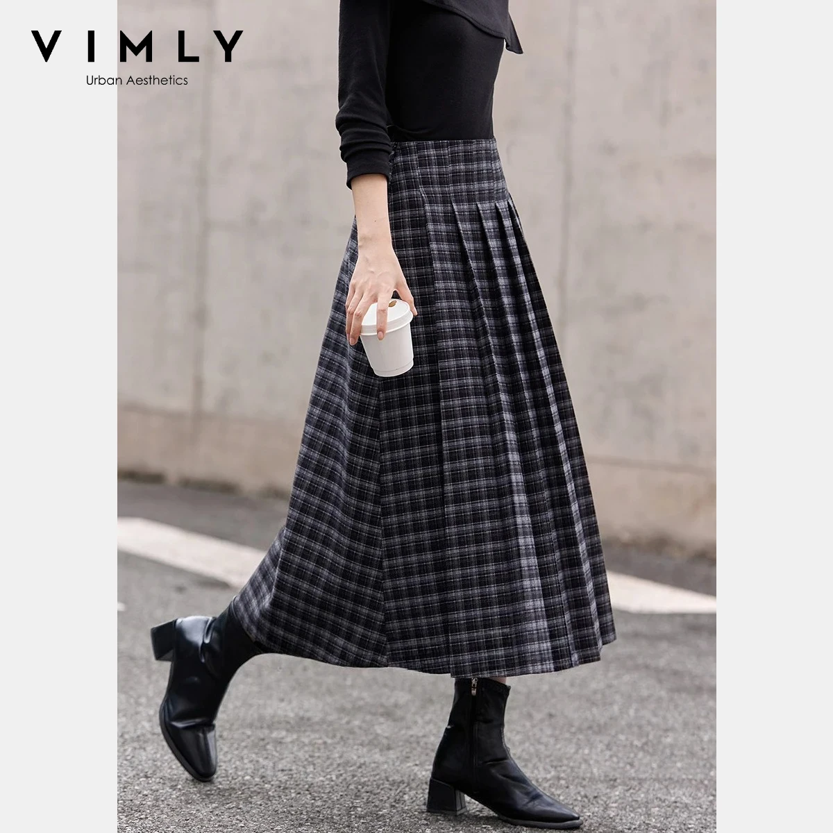 

VIMLY женская клетчатая плиссированная юбка, осень 2022, ретро клетчатый узор трапециевидной формы, свободная верхняя одежда, универсальные юбки средней длины A3118