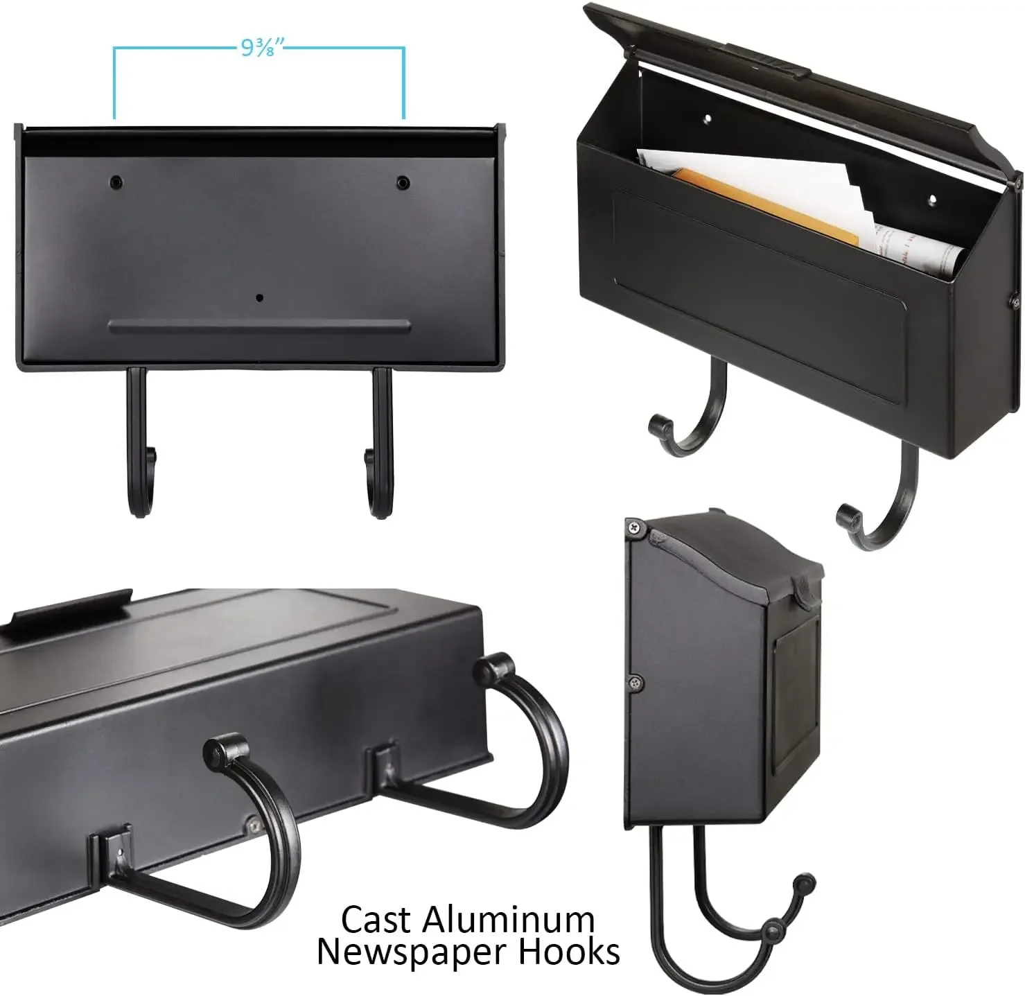 Aluminum Metal Mailbox with Newspaper Hooks, Easy to Install Wall Mount, Heavy Duty, Rustproof Powder Coated Paint, H