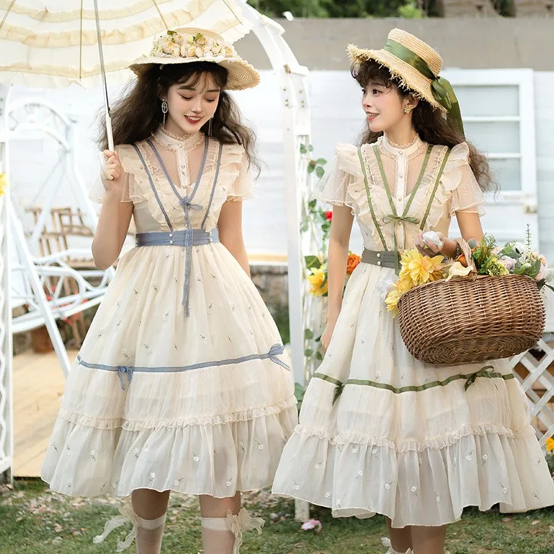 

Lolita Lace Tulle Flying Sleeve Dress Lolita Edward Neck Large Hem OP Dress Woman Spring Summer Ruffle Dress