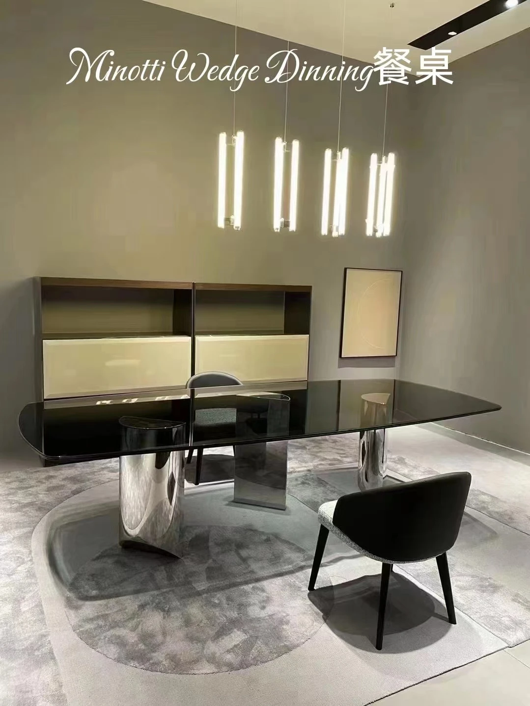 Italian Mirror Stainless Steel Suspension Dining Table Wedge High-End Rectangular Tempered Glass Dining Table Italian Minimalist