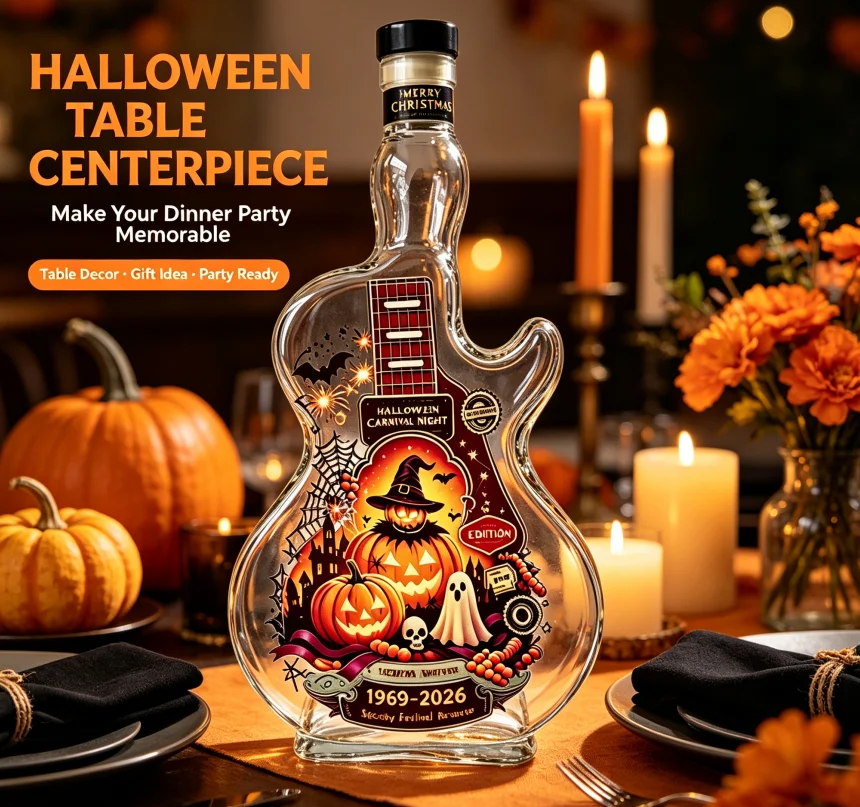 Decorative Guitar Shape Glass Wine Bottle Halloween Pumpkin Ghost Print Empty Liquor Vase Home Bar Festival Party Tabletop Decor