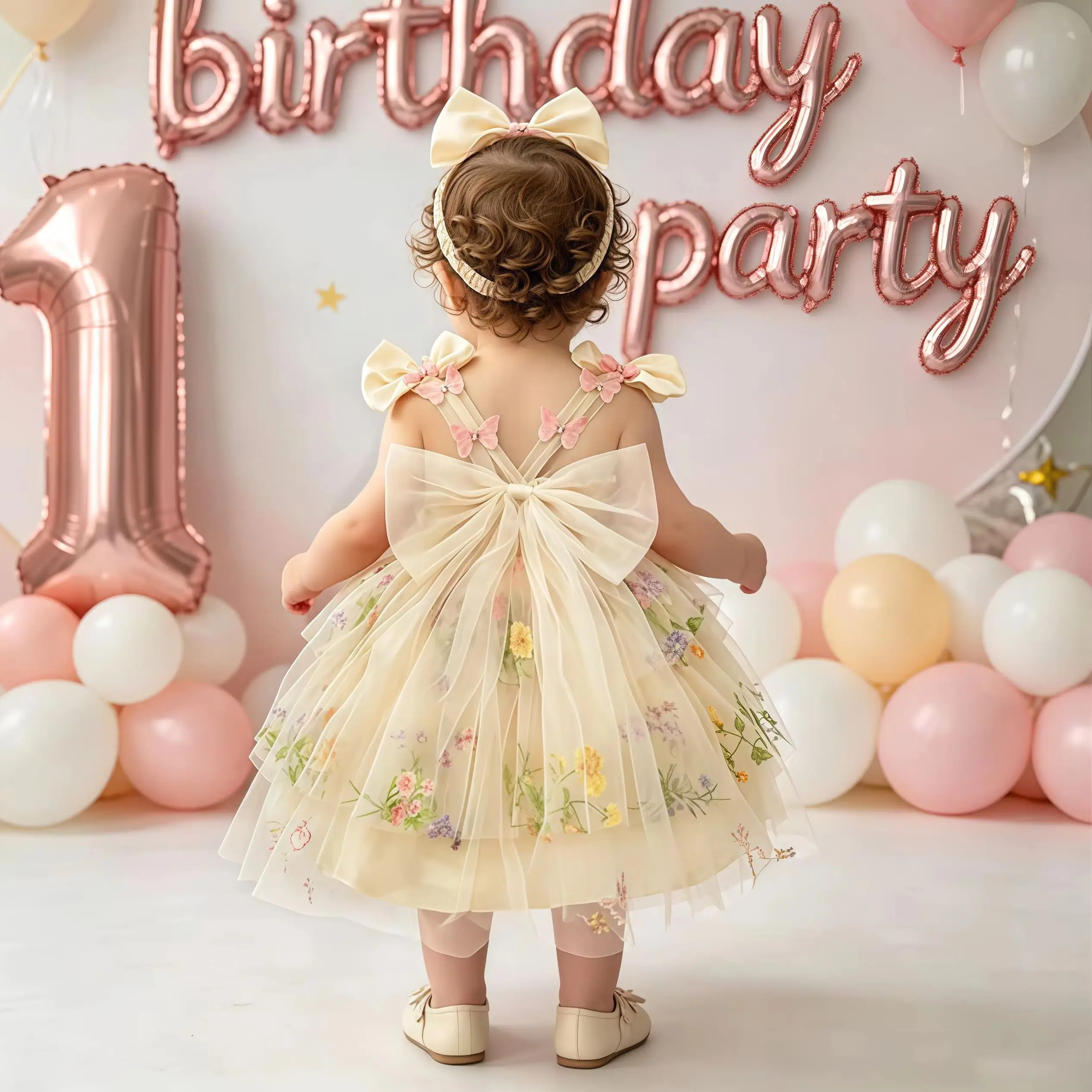 Baby Girls Party Dresses For 1st Birthday Toddler Embroidery Tulle Princess Dress With Headband Children Baptism Evening Gown