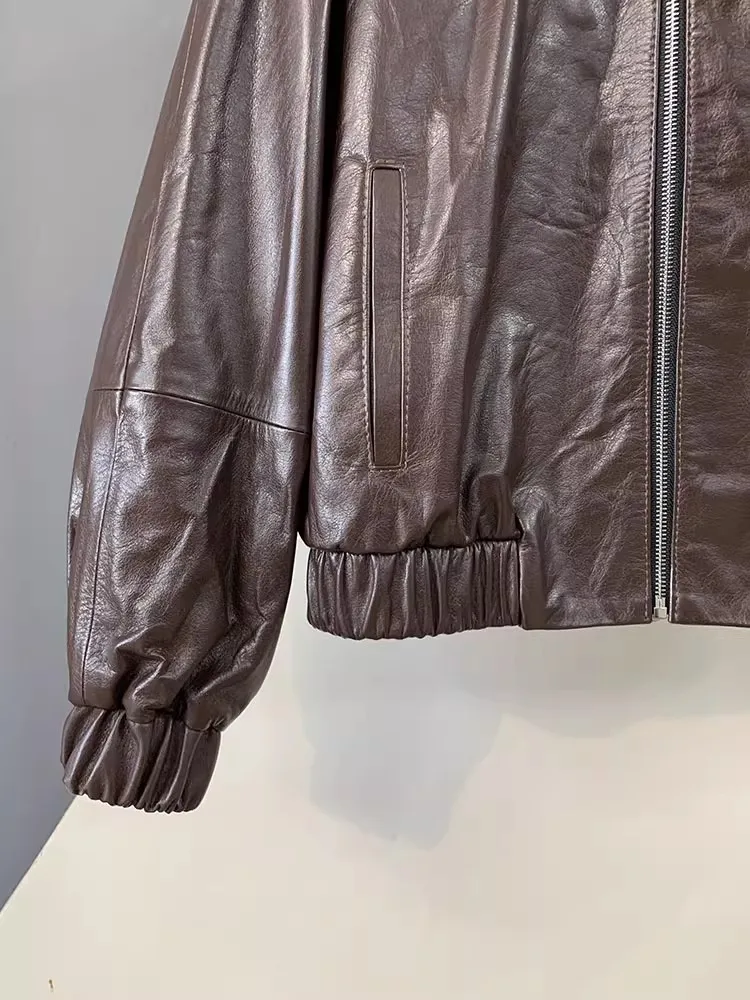 Giacca da donna in pelle di vacchetta cerata olio di alta qualità Autunno nuovo cappotto corto con cappuccio Cerniera Cappotto da donna retrò Giacche casual in vera pelle