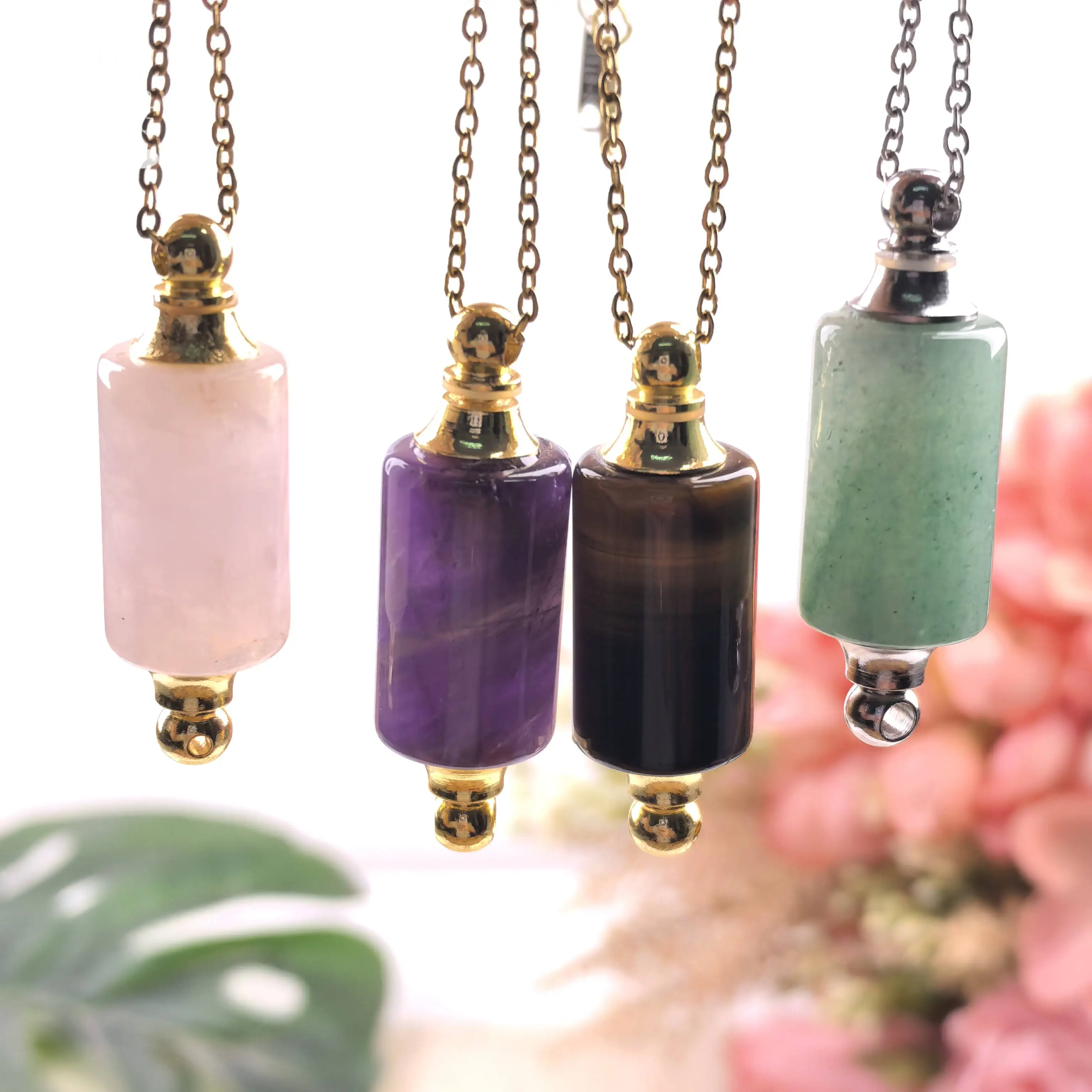 

Tube Quartz Gold Silver Plated Perfume Bottle Pendant Chain Amethyst Crystal Essential Oil Diffuser Vial Necklace Jewelry QC1190