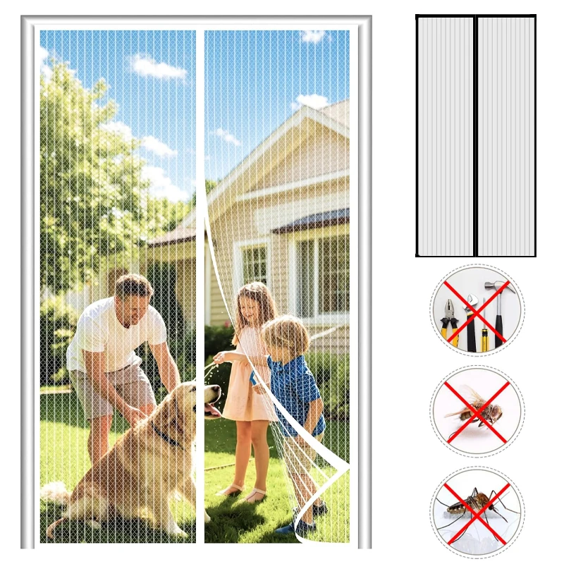 No Drill Magnetic Door Screen Auto Close Stripe Mesh Curtain Anti-Mosquito Breathable Bug Screen for Summer Indoor Patio Use