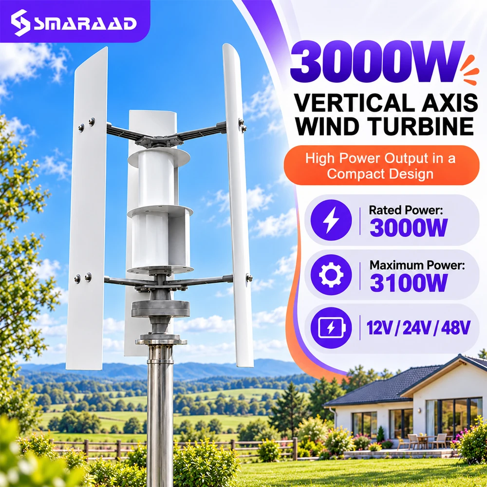 3000W 3KW Vertical Axis Wind Turbine 12V 24V 48V Wind Generator CE Certified Free Energy Low Speed Start Off Grid for Home Use